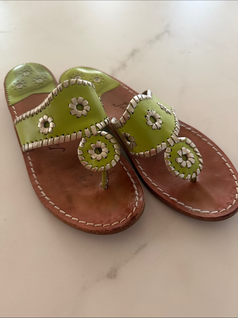 Jack Rogers Lime Green Floral Leather Thong Sandals